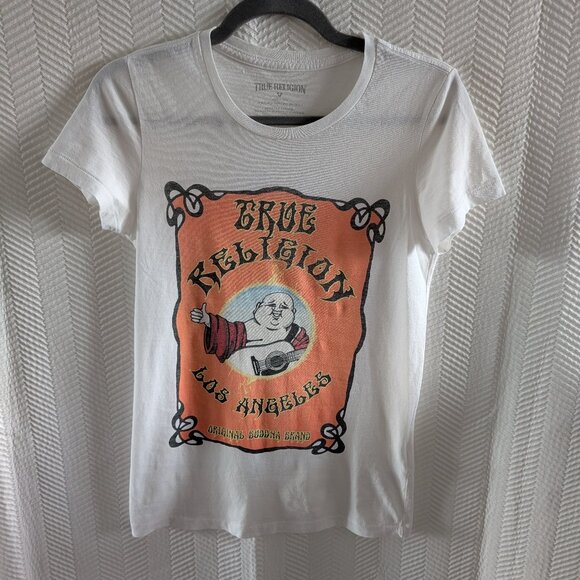 True Religion Buddha Logo White Graphic Tee T-Shirt Y2K Size XS - Picture 1 of 5